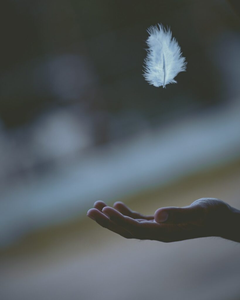 A hand trying to catch a falling feather.