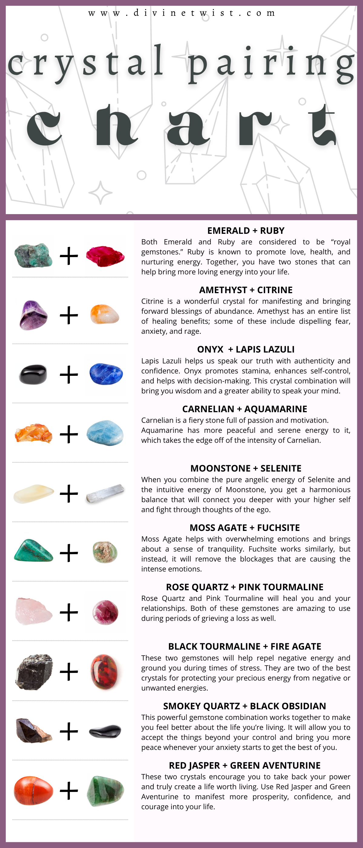 Crystal pairing chart with 10 combinations.
