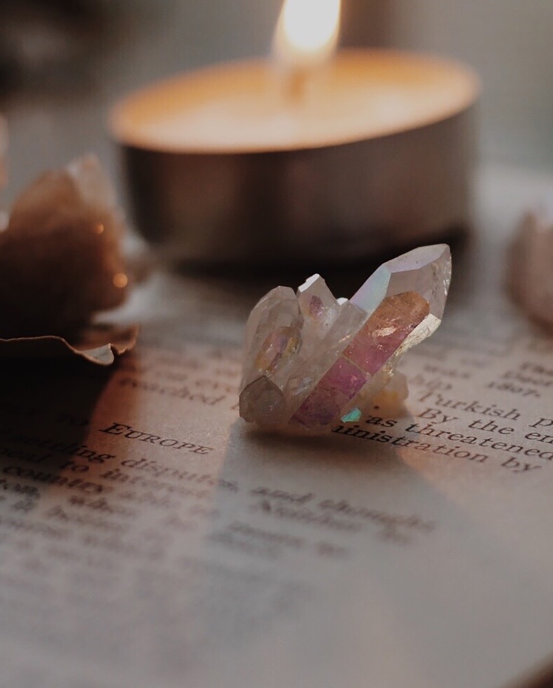 Crystals and a candle.
