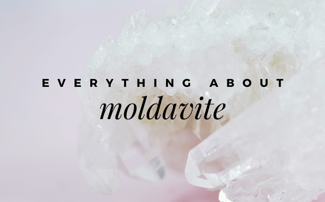 Text overlay the reads: everything about Moldavite.