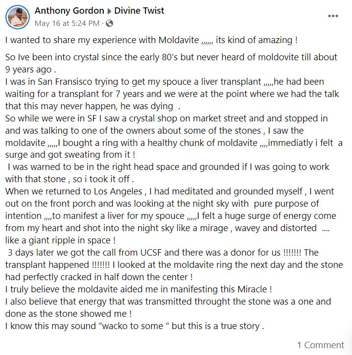 Screenshot from Facebook about a person describing their experience using Moldavite stones.