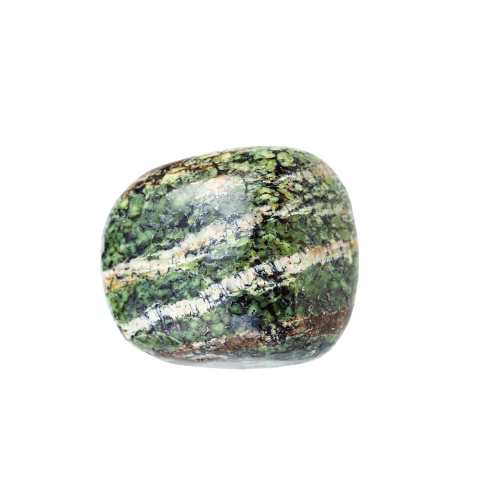 A green stone with white and brown stripes.